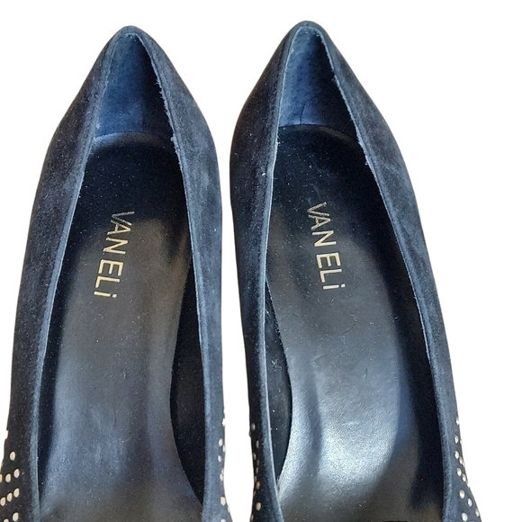 Van Eli Frenzy Black Suede Upper Gold Studs Platform Heels - Picture 5 of 16